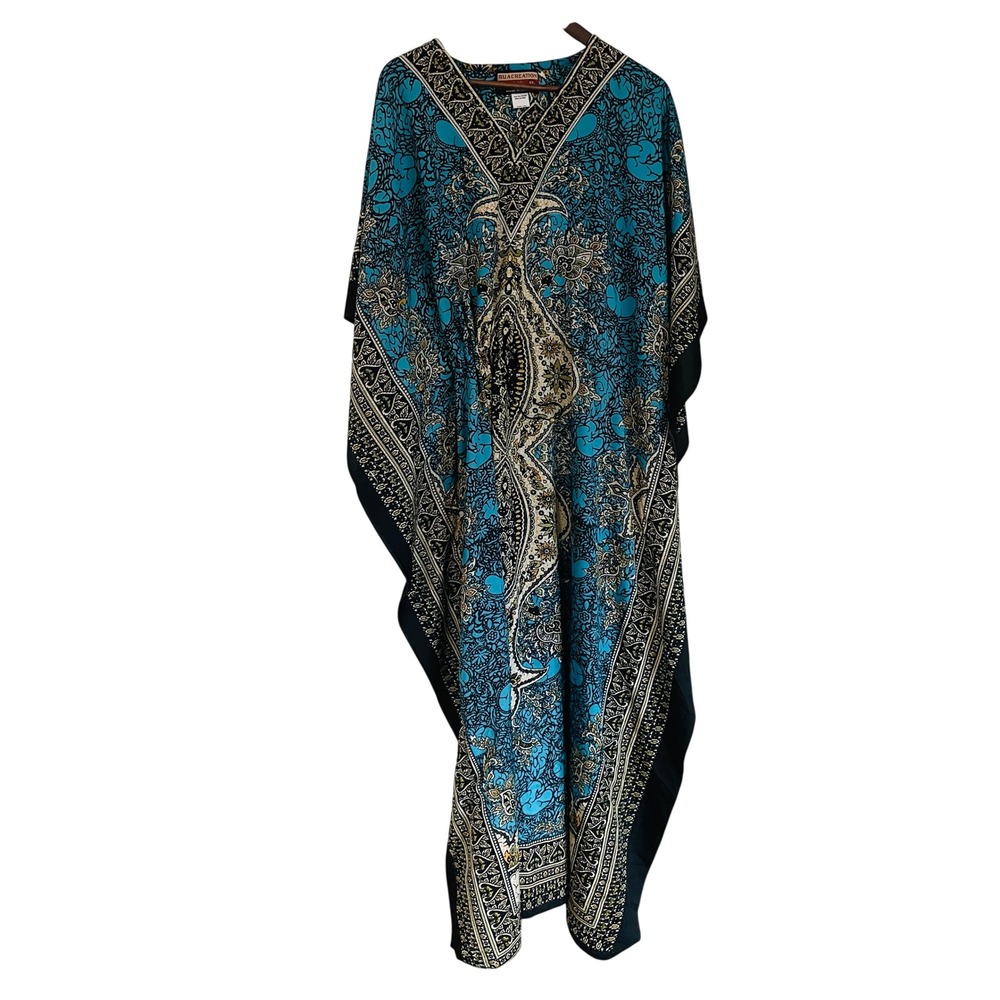 Womens Paisley Boho Hippie Kaftan Maxi Dress XL Blue Cinch Waist Mrs Roper India